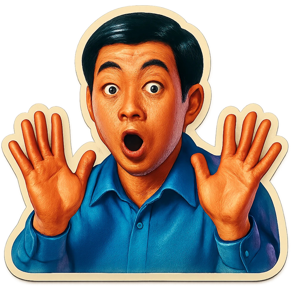 The same Japanese man looks at the viewer with a surprised look, and his hands are empty emoji