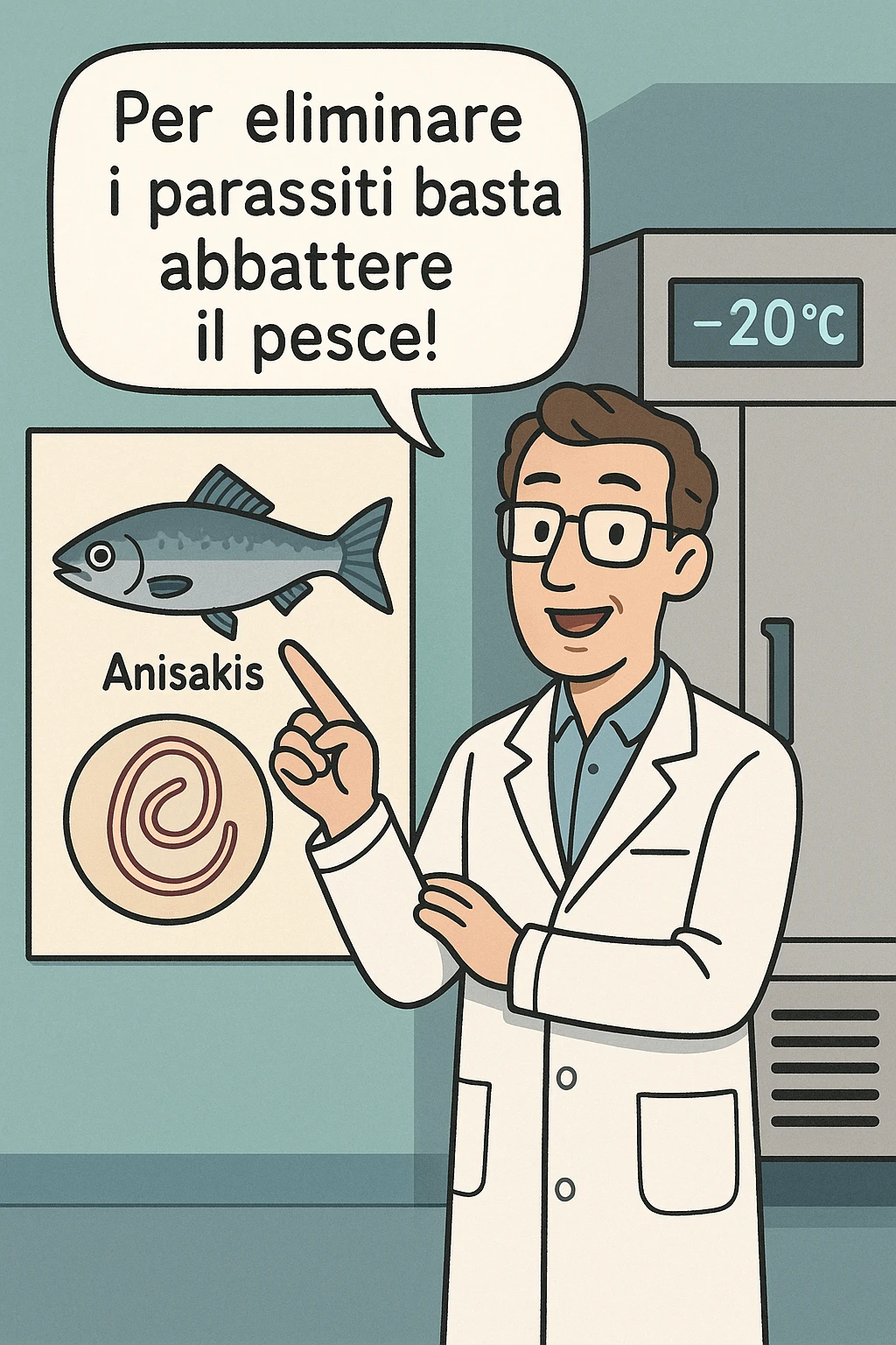  a scientist in a white lab coat stands beside a large poster showing a fish and a diagram of the Anisakis parasite. The scientist points to a speech bubble that says, “Per eliminare i parassiti basta abbattere il pesce!” In the background, a blast freezer is visible, with a temperature gauge set to -20°C. The mood is informative and reassuring. In italiano emoji