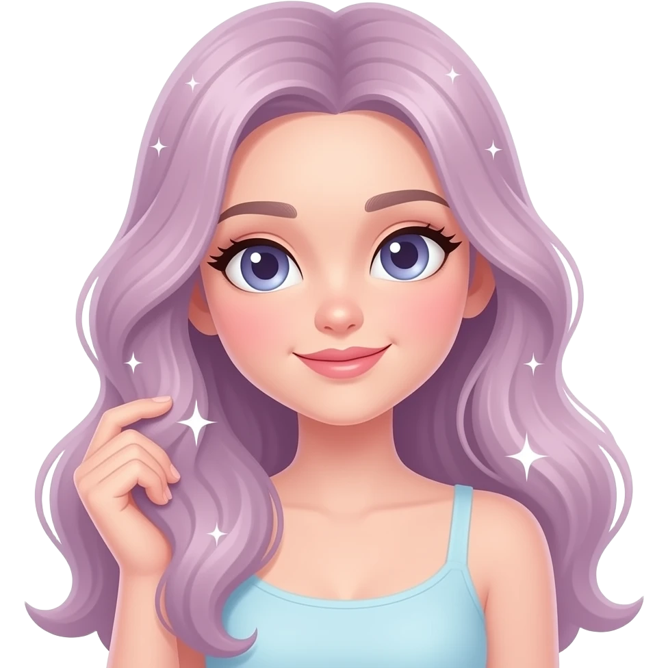 Animated Discord emoji, chibi-style girl with long flowing hair, soft pastel color palette. She gently strokes her hair with a confident, relaxed, slightly sassy expression. Large glossy eyes, soft shading, clean bold outline, highly expressive face. Subtle sparkles twinkle around her. emoji