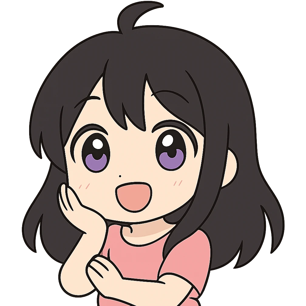 Change hair color to black, keep anime girl with purple eyes, expressive faces, cute, vibrant colors, no background. emoji