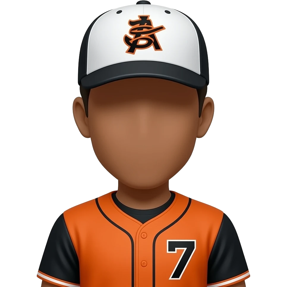 Make a baseball player with the colors, orange and black wearing the number seven with a dark brown low taper fade with a white hat fully turned around so I can only see their higher half make their skin color tan, and have them turn around so I can’t see there face emoji
