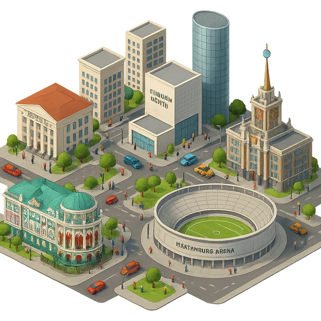 Изометричная миниатюрная фотореалистичная 3D модель Екатеринбурга - Дом Севастьянова, Ельцин-центр, Уральский федеральный университет, дома, Екатеринбург Арена, Штаб-квартира Русской медной компании, Здание Свердловского городского совета народных депутатов, четкие линии, яркие цвета, мультяшный реализм, люди, автотранспорт, компактная композиция, вид сверху в изометрии, прозрачный фон emoji