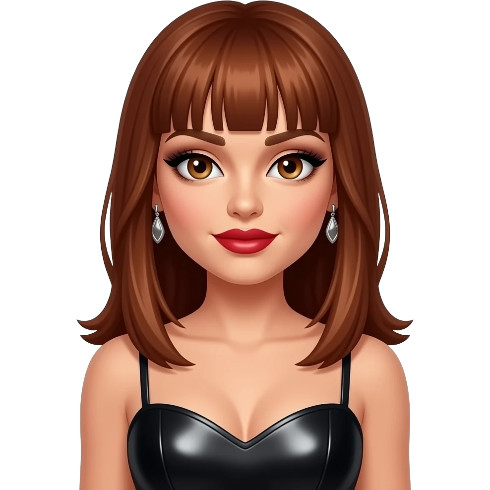 Jessica Sutta from The Pussycat Dolls with hazel eyes, long reddish brown straight bang hair, black eyeshadow, red lipstick, black metallic sweetheart dress, earrings emoji