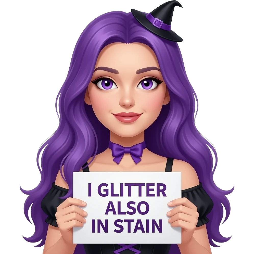 sexy girl with long purple hair and purple eyes wearing a halloween dress holding a ICH GLITZER auch im SCHLAMM sign emoji