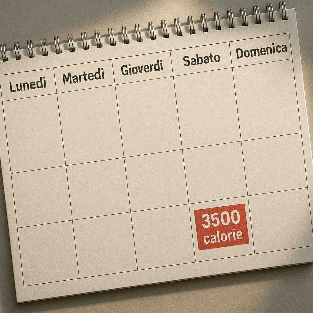 Hyperrealistic top-down view of a weekly calendar in Italian, showing days from Monday to Sunday. Only Saturday and Sunday have the text '3500 calorie' highlighted in a red box below, with no red circle on Friday. 4K details, desk atmosphere. emoji