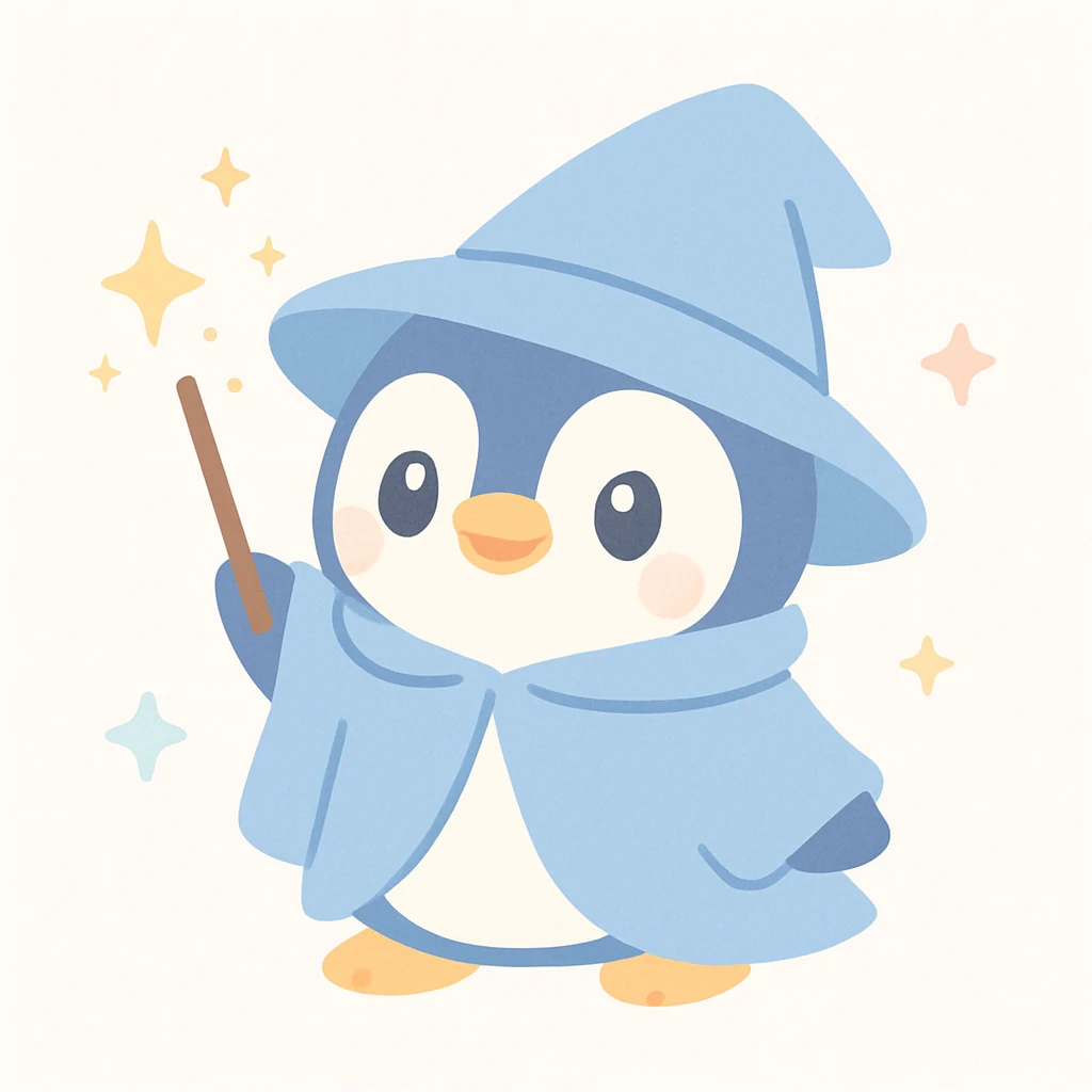 cute penguin wizard casting a spell, with sparkles and a blue cloak emoji