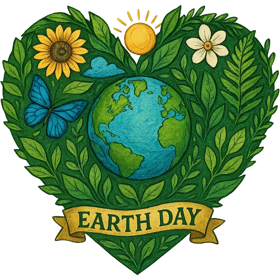 heart with Earth Day theme, green leaves, globe, nature, environmental awareness, vibrant and hopeful emoji