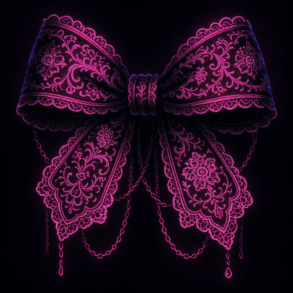 gothic lolita bow, ornate lace, neon pink and black, delicate chains, Victorian influence, neon goth palette emoji