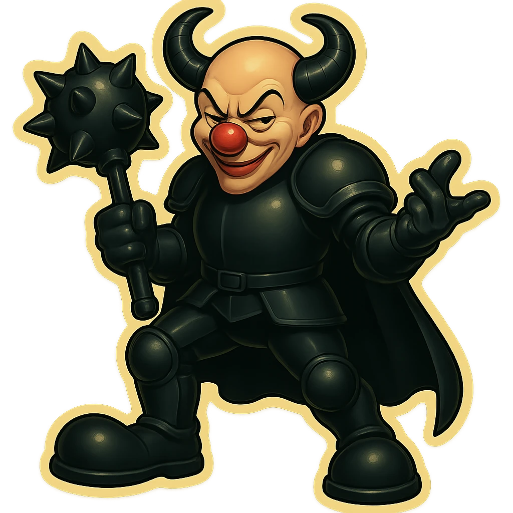 An evil armored clown with no hair, ram horns pointing up, masculine and powerful build, glossy black on matte black armor, short cape, large black clown shoes, standing with one foot forward, one arm down holding an oversized spiked mace, the other hand gesturing as if explaining something, eyes half-closed, sinister grin, vibrant retro stickers style, no yellow aged tint, full body, transparent background. emoji