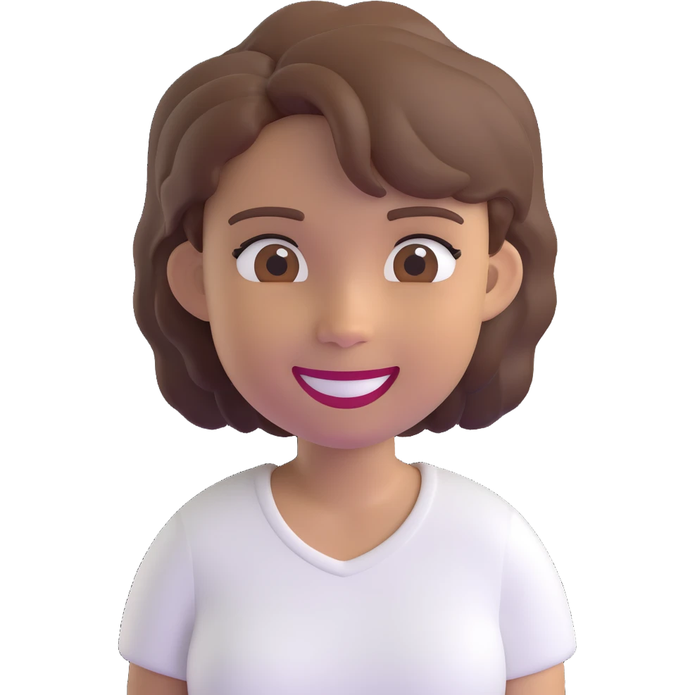 3D emoji style character with short tousled brown hair, smiling, light skin, white shirt emoji