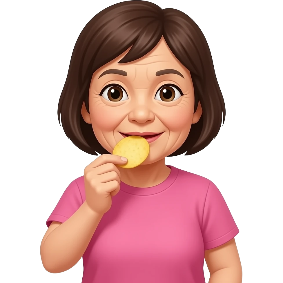 Asian grandma wearing pink tshirt with short brown hair eating potato chips emoji