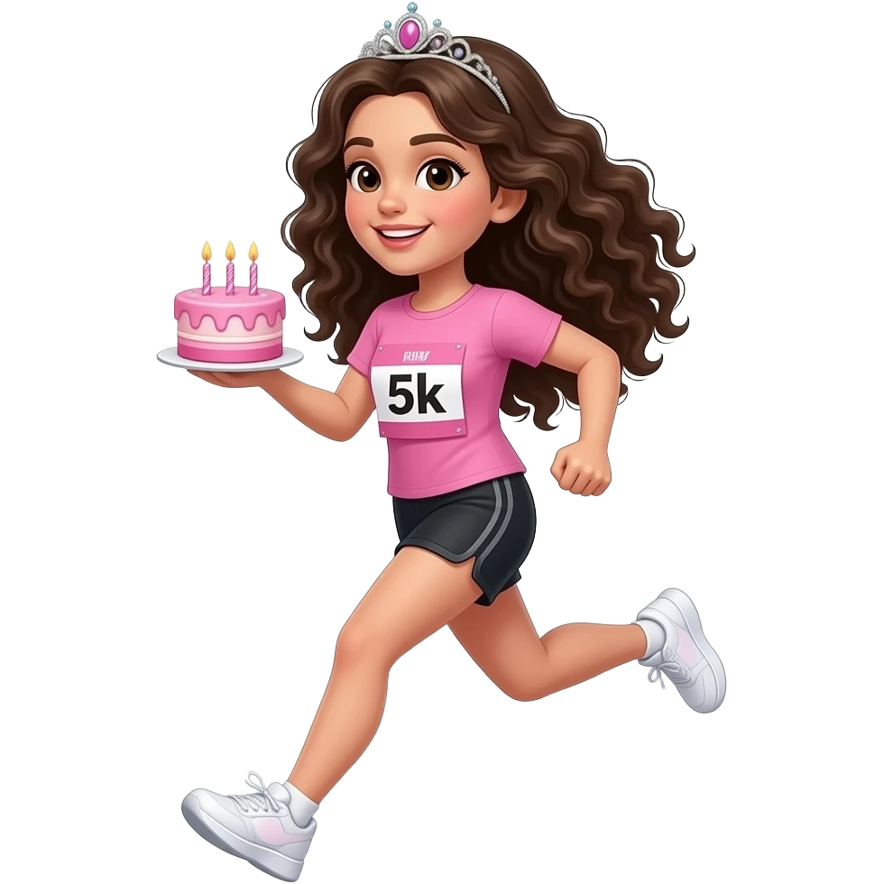 white skin girl with long dark brown curly hair running wearing black shorts, a blank pink tshirt, white sneakers, tiara, and 5k run bib while holding a mini pink birthday cake emoji