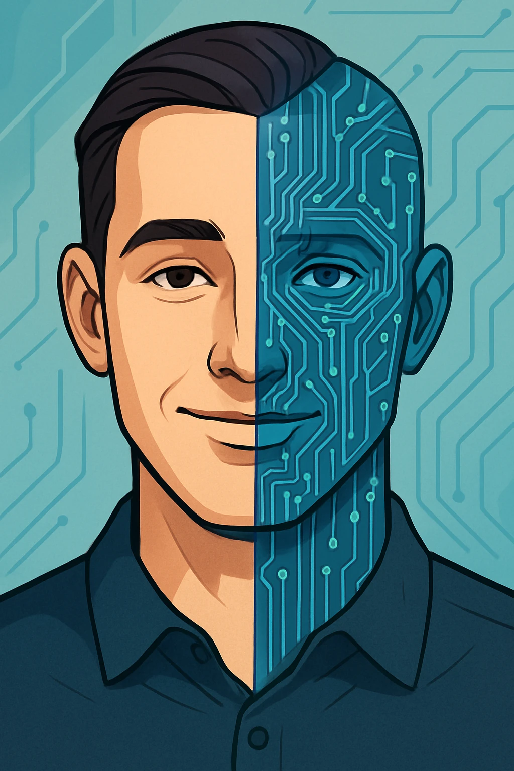 artificial intelligence, half-human half-circuit face, seamless blend, modern, inviting expression emoji
