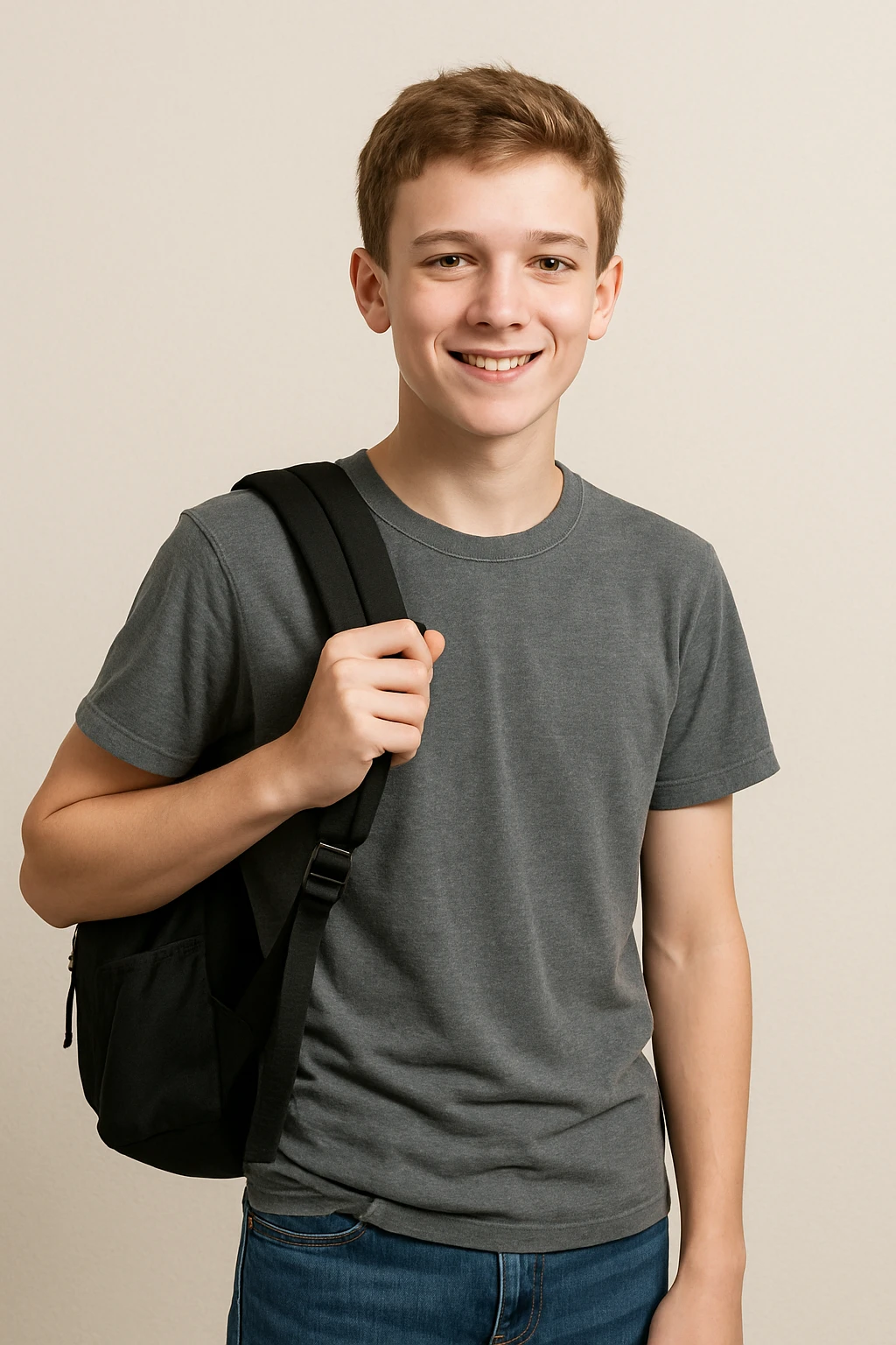 white teenage boy student, casual clothes, friendly expression, holding a backpack, simple background emoji