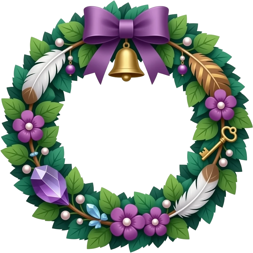Smooth shiny decorative aesthetic glorious beautiful pretty hunter-Forest-green and deep-dusty-violet wreath circle hanging decoration With hangin bells, hanging keys, hanging trinkets, hanging feathers, hanging beads and pearls, ribbon, leaves, ivies, floral, crystals, etc. emoji
