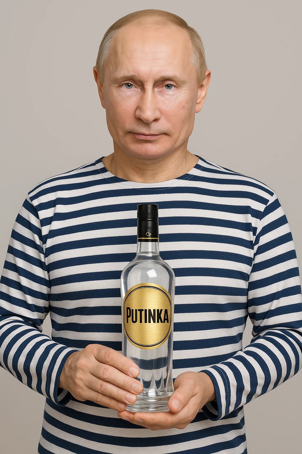 Сгенерируй мне как владимир путин в тельняжке держит эту водку, и на ней прям написанно только Путинка, другой текст убери. Путин полностью помещается в кадре, бутылка целиком и чётко видна в его руках, не обрезана краями изображения. На этикетке только слово «Путинка», без другого текста emoji
