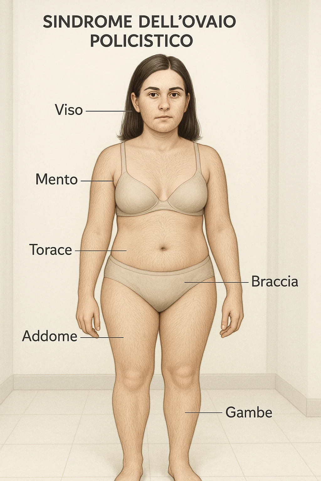 Realistic vertical illustration of a woman with polycystic ovary syndrome. Anatomically highlight the areas most affected by excess hair (face, chin, chest, abdomen, arms, legs). Clinical atmosphere with captions in Italian. Aspect ratio 2:3. emoji