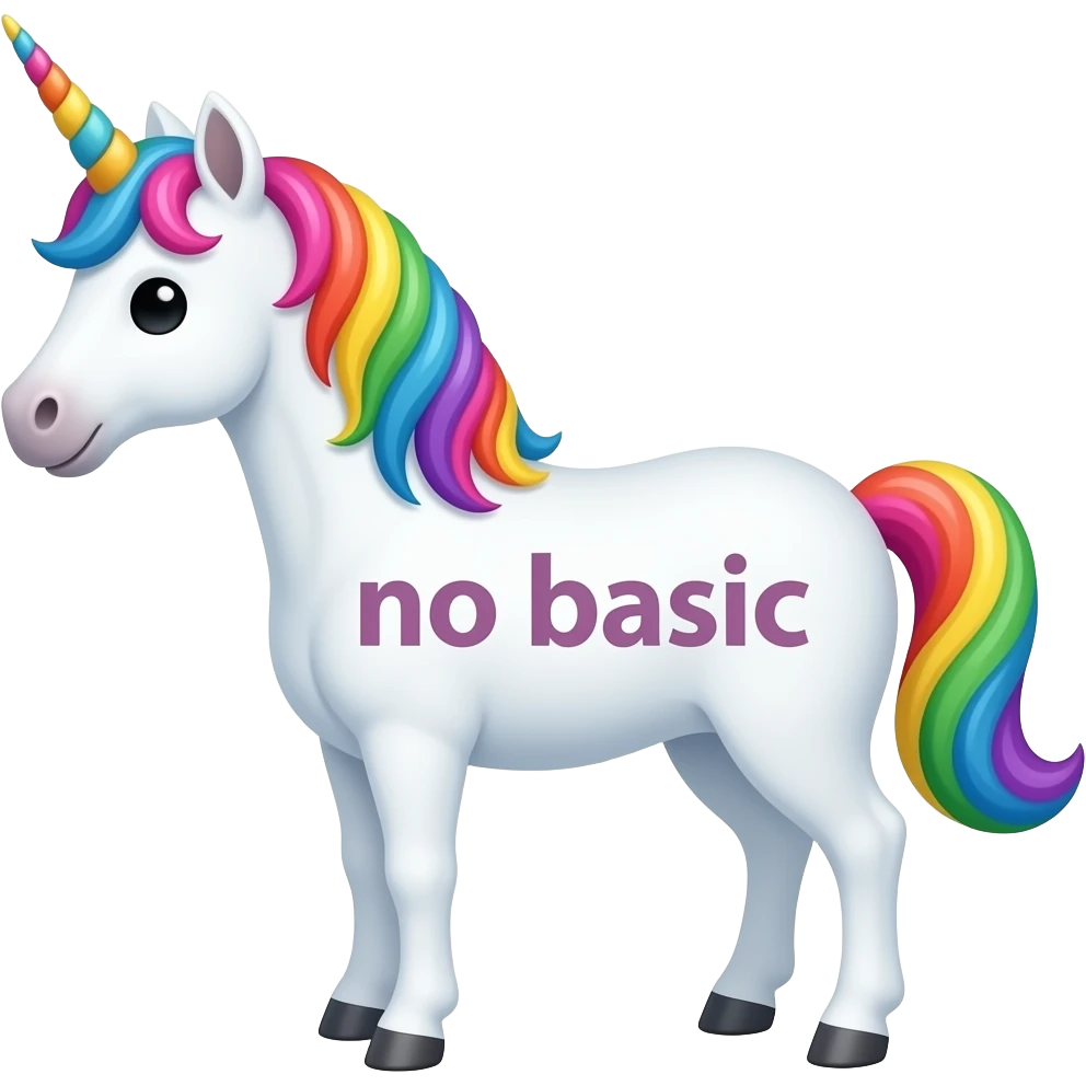 the words "no basic" on the body of a colorful unicorn emoji