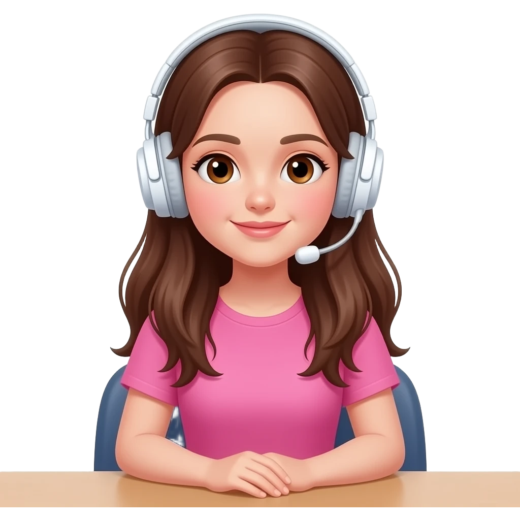 Tinédszer arcú legyen egy asztalnál úljön fehér fejhallgató legyen rajta és egy asztalnál ülljönróusaszín pólóba lány legyen barna szemmel és barna hajjal hosszú emoji