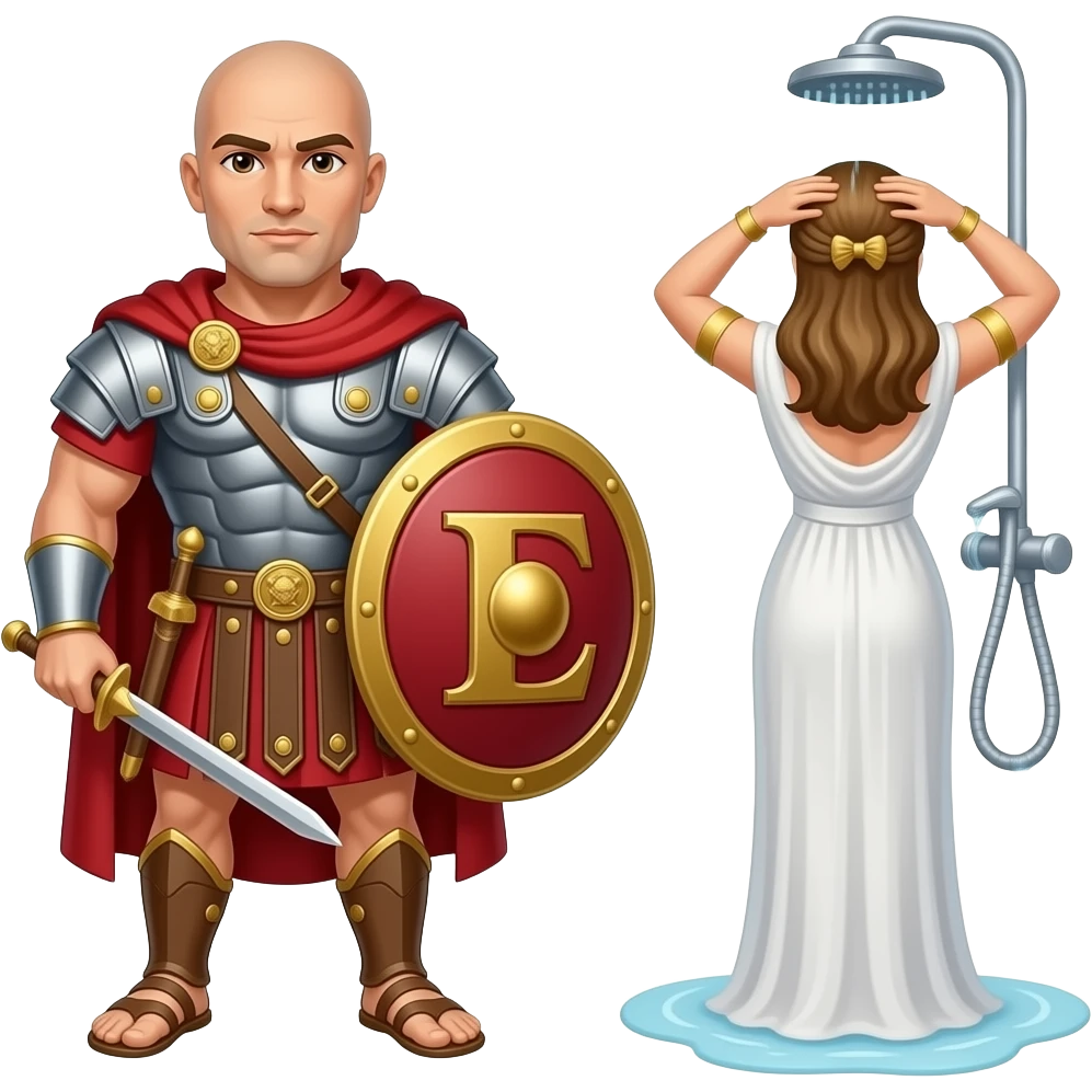 Muscular Roman soldier bald with brown eyes the Letter E on the shield with empress in shower facing away bare bum emoji