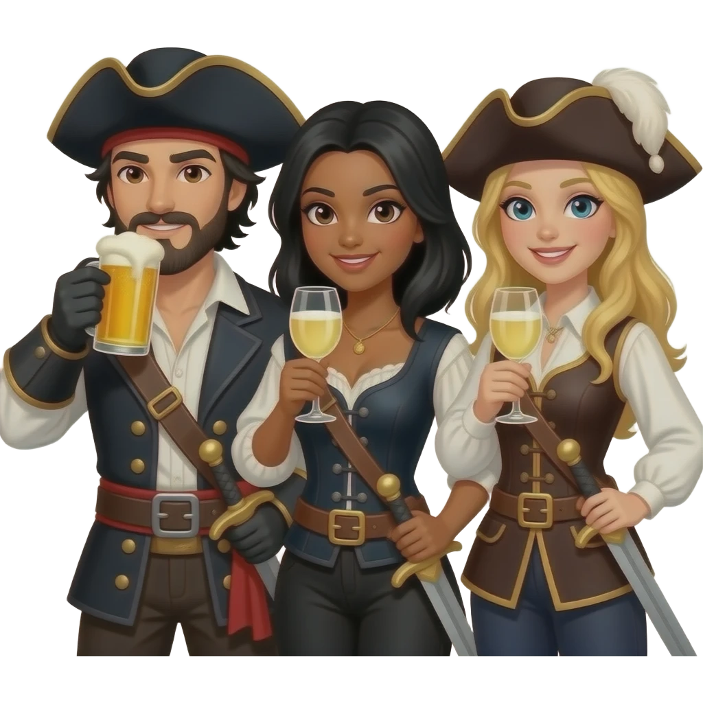 Three musketeers with swords and hats. One guy with black hair, beard and dark brown eyes, one girl with black hair and tanned skin and one girl with blond hair. The guy is drinking beer and the girls white wine. emoji