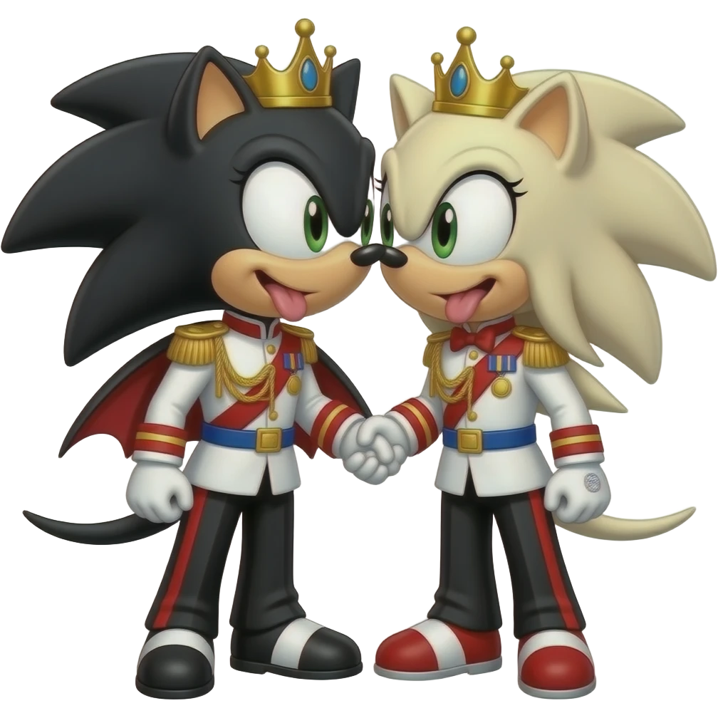 Rouge the bat and vanilla the rabbit from sonic x are same wearing gold tiara white military tunic arm badge shoulder cord medal red sash blue belt black trouser with both side red stripe white shoes and they both kiss with tongue of little brat emoji