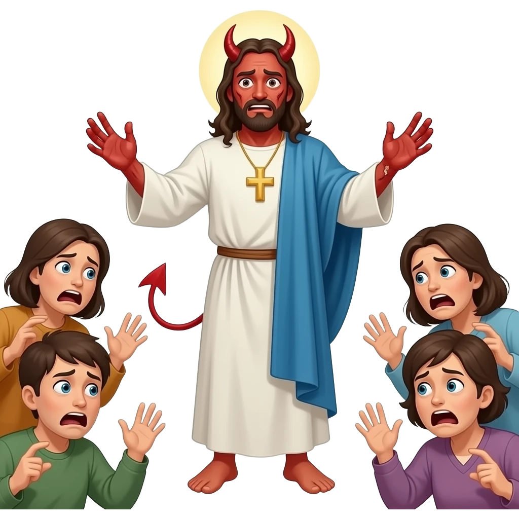 A full bodied demonically possessed man wearing clothing from biblical times with other people near by with expressions of fear and horror emoji
