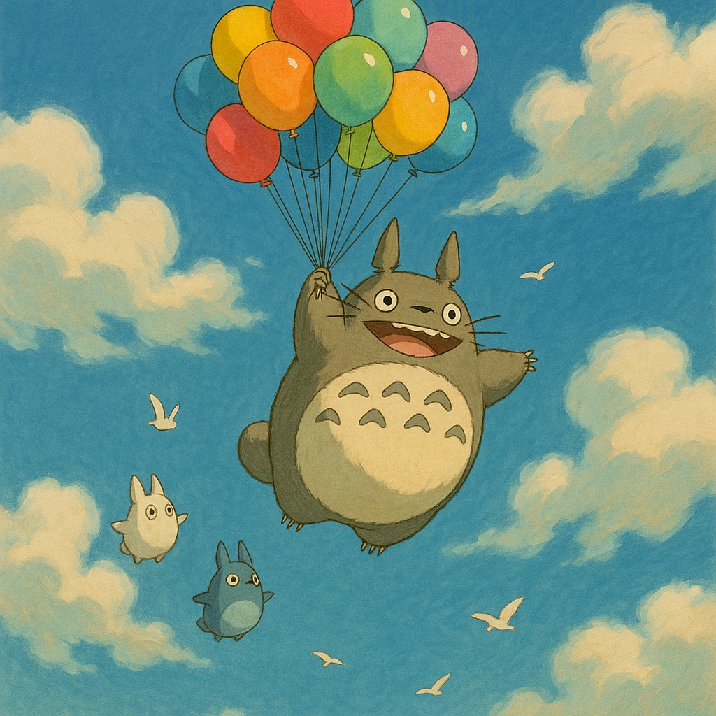 Totoro floating high in the sky, joyfully holding onto a bunch of colorful balloons, with small Totoros trailing behind him and fluffy clouds parting around them as birds fly nearby. emoji