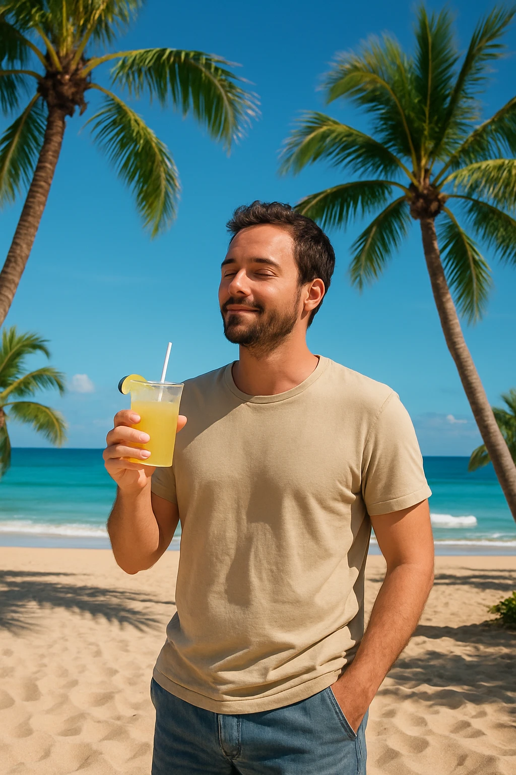 take this picture of a man and make it  beach photo with drink emoji