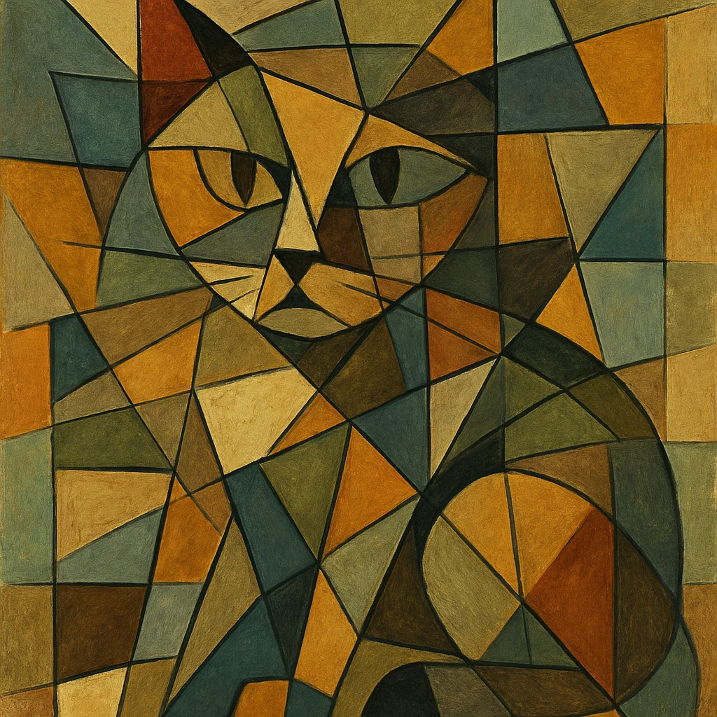 {
  "style_description": {
    "name": "Cubist Abstraction",
    "overall_look": "Deconstructed, multi-perspective abstraction with intersecting geometric planes",
    "composition": {
      "structure": "Fractured and fragmented shapes that overlap and intersect",
      "perspective": "Multiple simultaneous viewpoints, often distorted or rotated",
      "layout": "Asymmetrical, collage-like arrangement of visual elements"
    },
    "geometry": {
      "shapes": ["rectangles", "triangles", "trapezoids", "irregular polygons"],
      "edge_style": "hard, angular lines with minimal curves",
      "dimensionality": "flattened depth with layered planes"
    },
    "color": {
      "palette_type": "muted and earthy tones with occasional vivid accents",
      "application": "flat fills, overlapping transparencies, and color-blocked segments",
      "shading": "minimal or abstract, without realistic gradients"
    },
    "texture": {
      "use": "optional",
      "types": ["paper grain", "brushstroke pattern", "canvas roughness"],
      "purpose": "to evoke an analog, hand-rendered quality"
    },
    "subject_treatment": {
      "representation": "symbolic and abstract rather than literal",
      "distortion": "intentional exaggeration and fragmentation of form",
      "focus_on": ["structure", "form relationships", "compositional rhythm"]
    },
    "background": {
      "style": "integrated with subject forms",
      "purpose": "to emphasize the composition rather than isolate figures"
    },
    "render_constraints": {
      "avoid": ["realistic lighting", "photorealism", "perfect symmetry"],
      "encourage": ["overlapping shapes", "multi-angle views", "abstract composition"]
    }
  }
}

{subject} = cat emoji