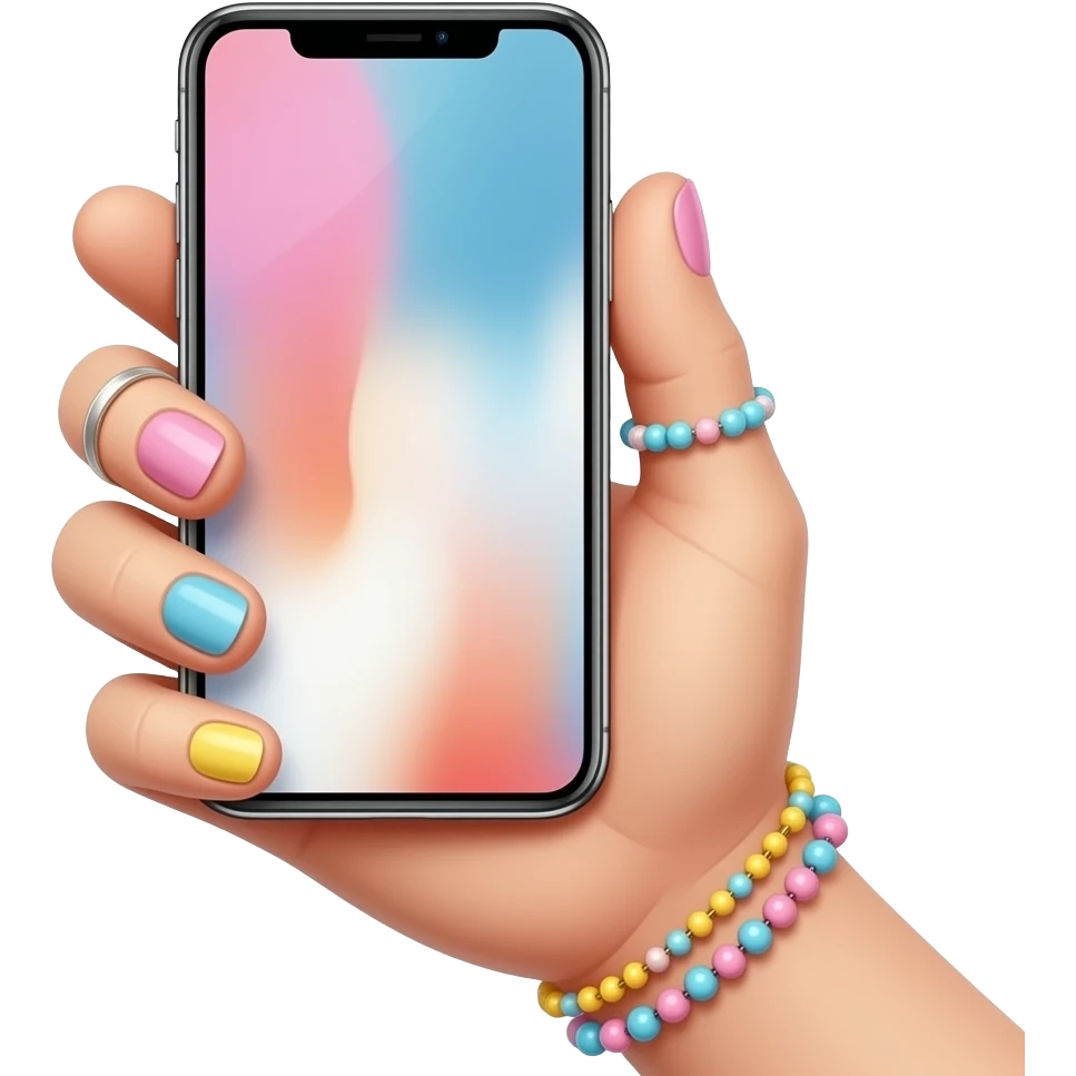 cute girls hand with pastel nails, rings, and accessories. holding iphone with screen upwards emoji