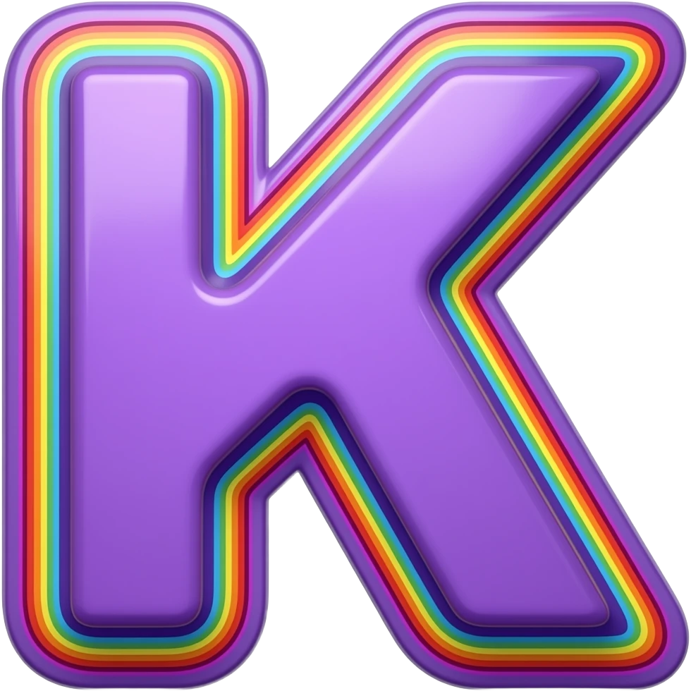 name "K" in neon purple, 3D style typography lettering, each color of the rainbow as a border outlined around each letter, isolated, 3d rendering, no emoji icons no emoji faces and must have no human figures emoji