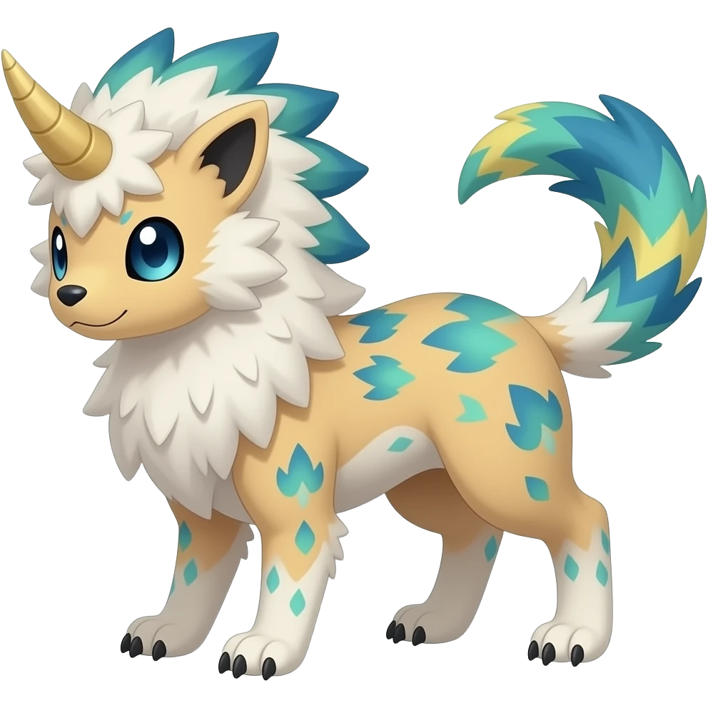 Horned feathery Digitigrade furry fuzzy elemental realistic pretty fluffy furry fuzzy cute smooth soft shiny patterned quadrupedal Randomly patterned Shinx-Pyroar-Houndour-Arcanine-Electrike-animal-hybrid, full body, with an imp-spade-tail emoji