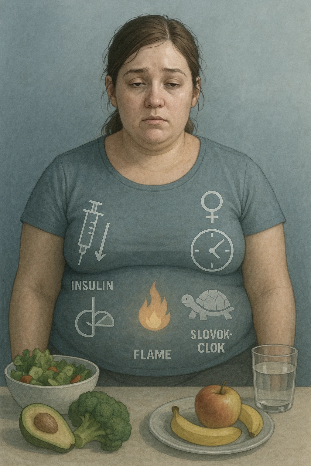 Donna tra i 25 e i 35 anni con fisico leggermente gonfio e postura affaticata, seduta con sguardo stanco. In trasparenza sul suo corpo, si vedono elementi simbolici: una fiamma metabolica molto piccola nel centro dell’addome, una tartaruga accanto a un simbolo di orologio rallentato, indicatori visivi di insulino-resistenza e squilibri ormonali. Intorno a lei: cibo sano non digerito bene, attività fisica poco efficace. Colori spenti attorno al corpo, con toni freddi e lentezza visiva. Stile realistico con elementi infografici e simbolici integrati emoji