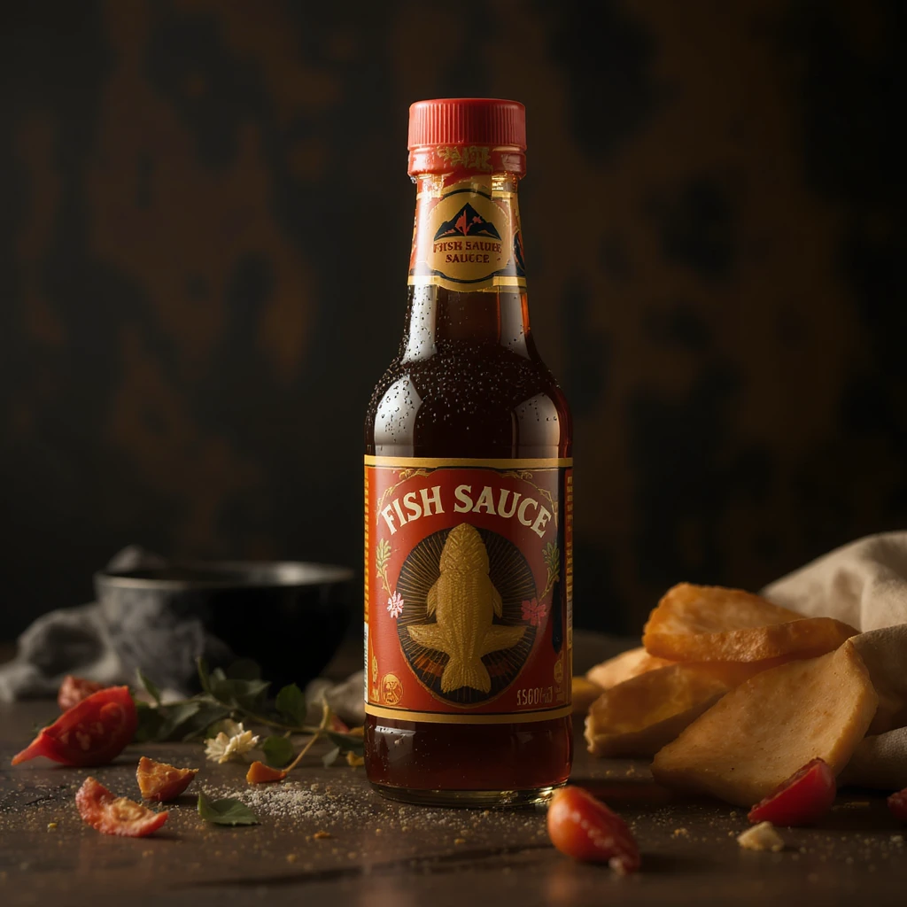 realistic fish sauce bottle, clear label, glass bottle, amber liquid, condensation, appetizing look emoji