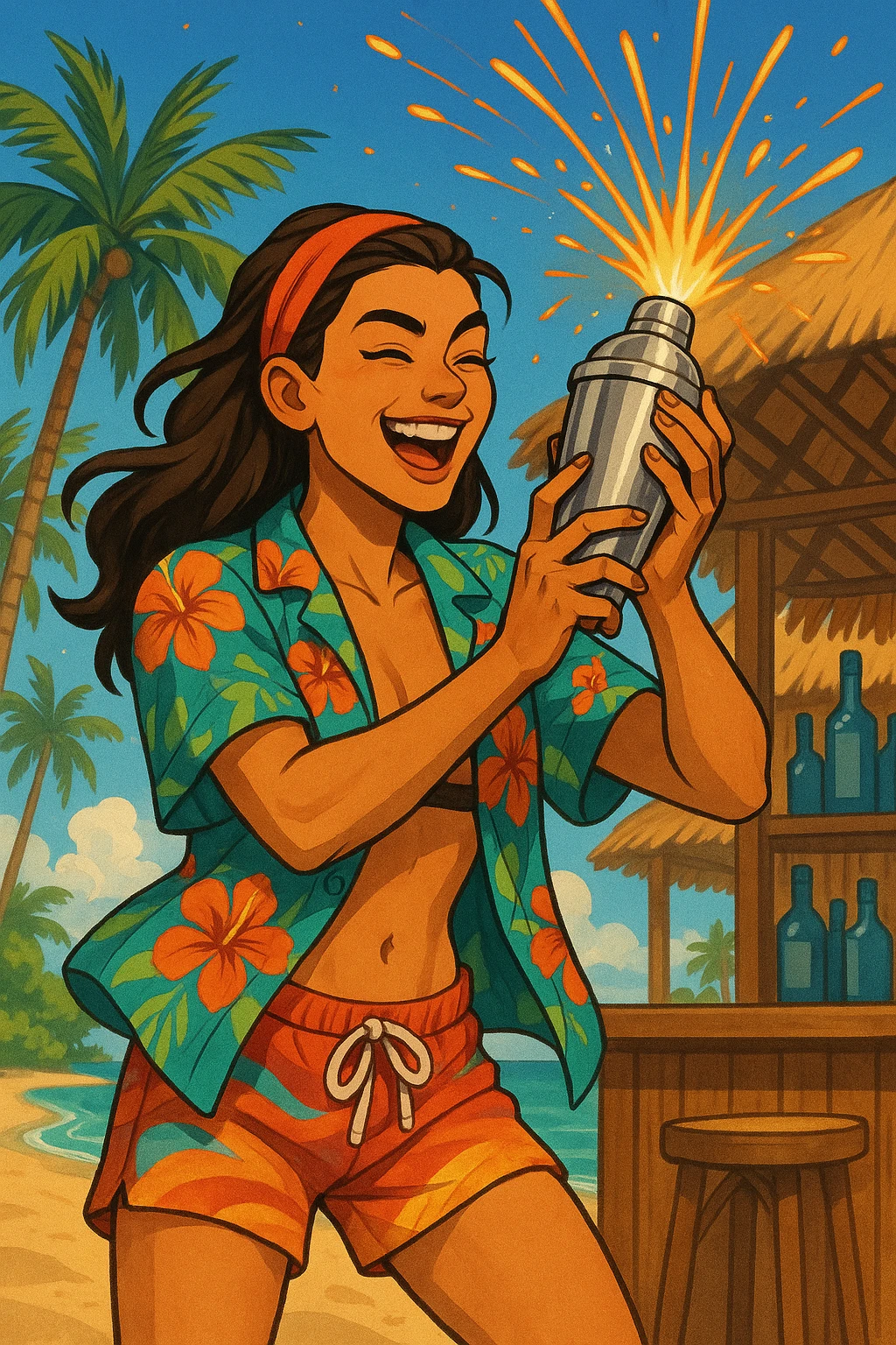 human female Unbuttoned Hawaiian shirt, swim trunks, shaking a cocktail shaker (sparks flying) emoji