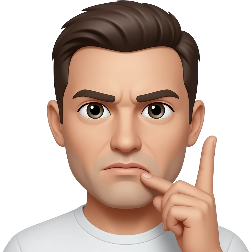 A serious face with the 1 and second finger held up to the right esr and the tumb held on the lips like a phone emoji