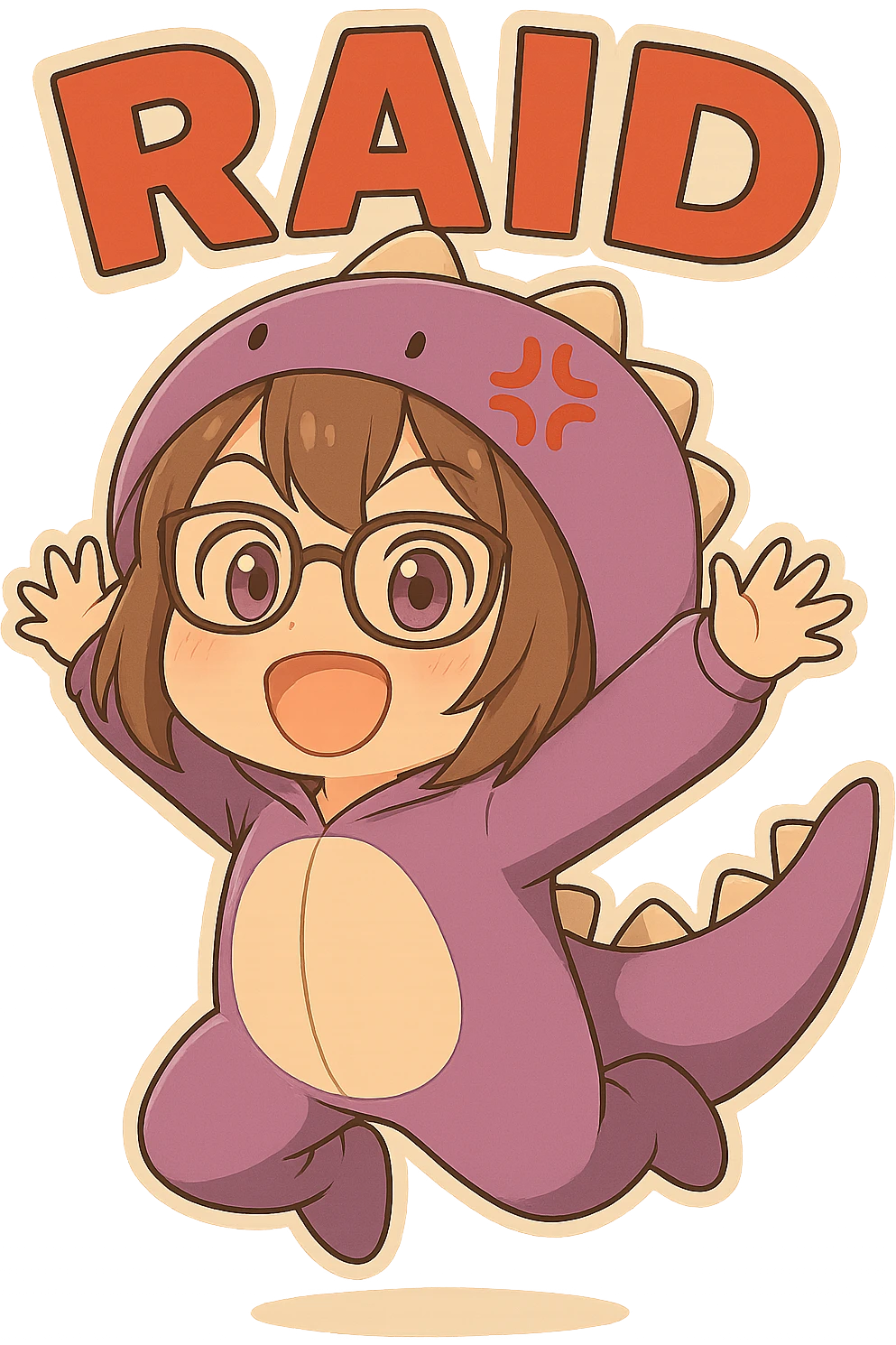 Add the text 'RAID' above the chibi anime style gamer girl in bold red letters. Keep the same chibi stickers style, matching the colors and shading of the reference images. No background. emoji