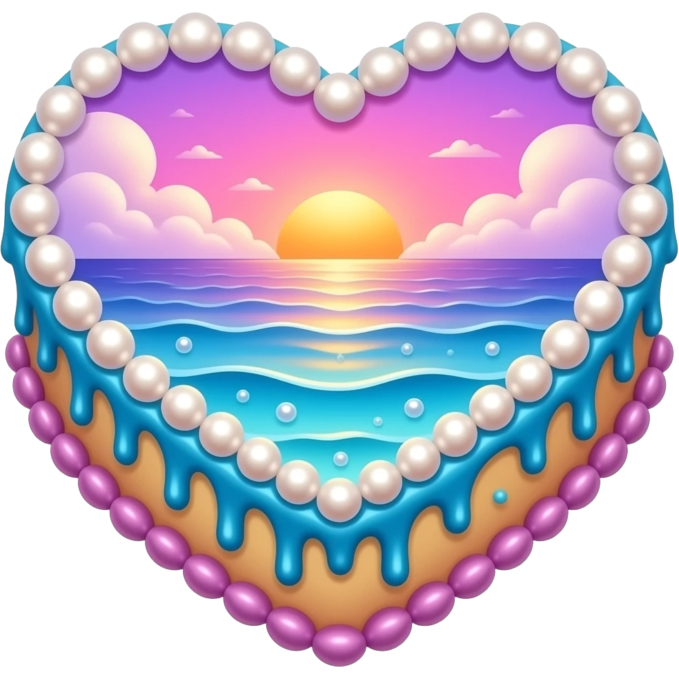 A beautiful heart cake with pearls and ocean water washing up as icing on the cake with clouds and a sunset and the majority of the cake is pink purple and blue with a hint of orange emoji