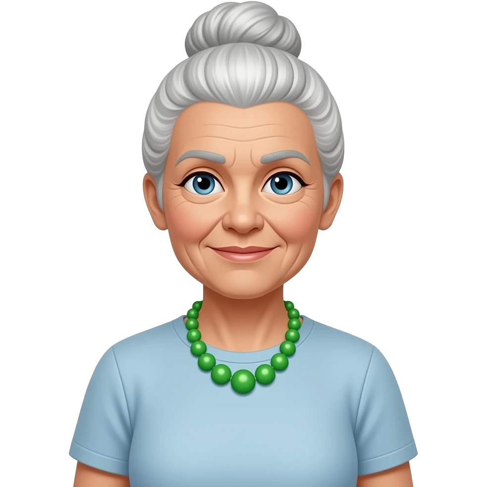old women with hair bun half sleeve shirt and wear vibrant green necklace close up emoji