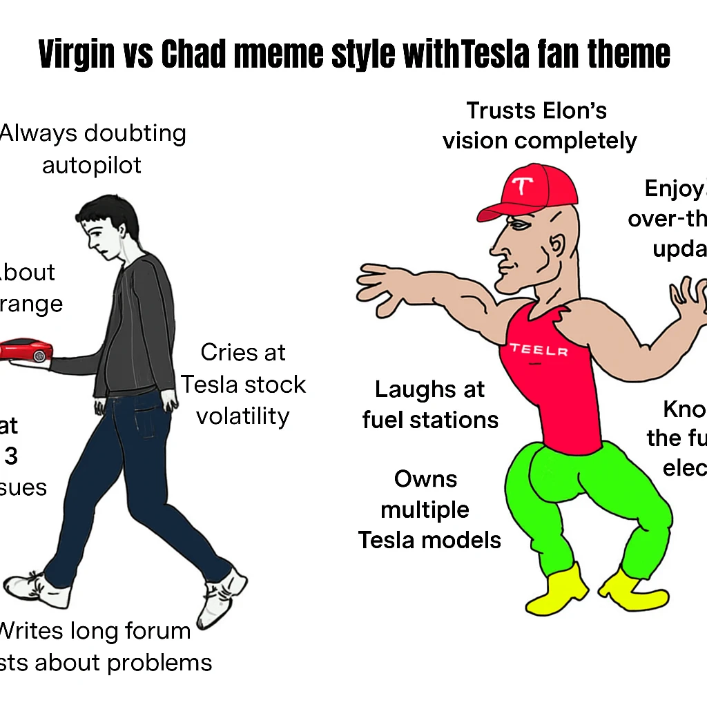make virgin vs chad meme on tesla fan in above style  emoji