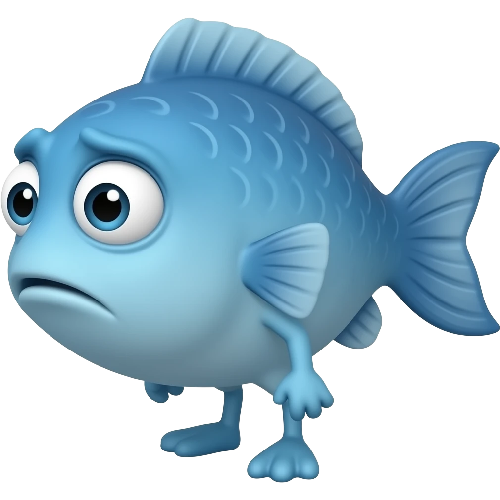 A little blue fish standing on its legs with a sad face emoji