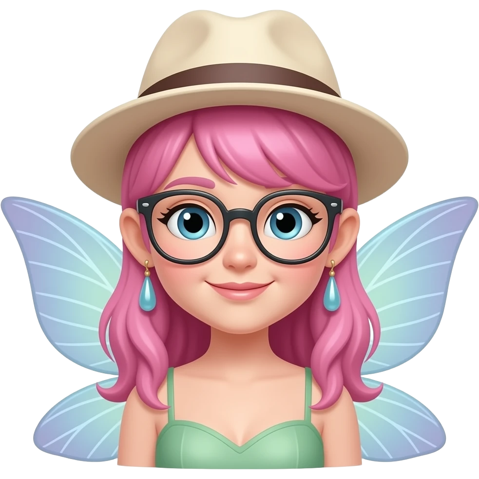 fairy with glassess and hat and wings and pink hair and earrings emoji