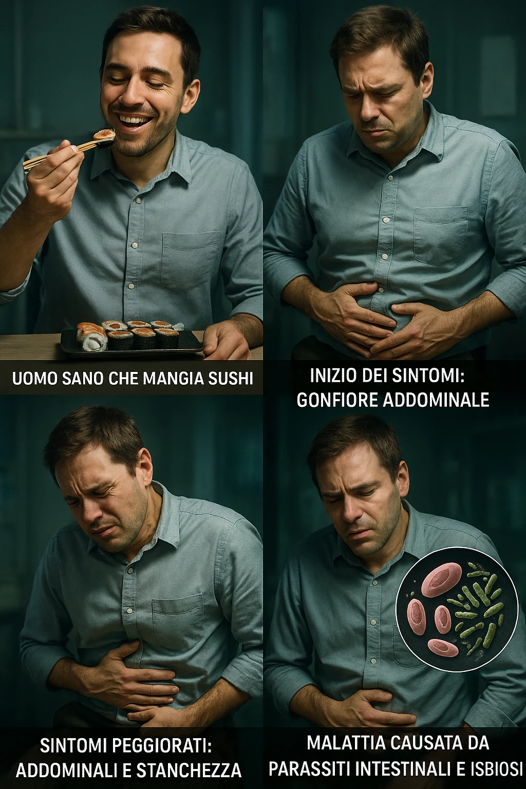 Illustrazione verticale realistica in italiano che mostra la progressione in più fasi da uomo sano che mangia sushi a uomo con sintomi di malattia causati da parassiti intestinali e disbiosi. Atmosfera clinica con luci drammatiche, didascalie in italiano, formato 2:3. emoji