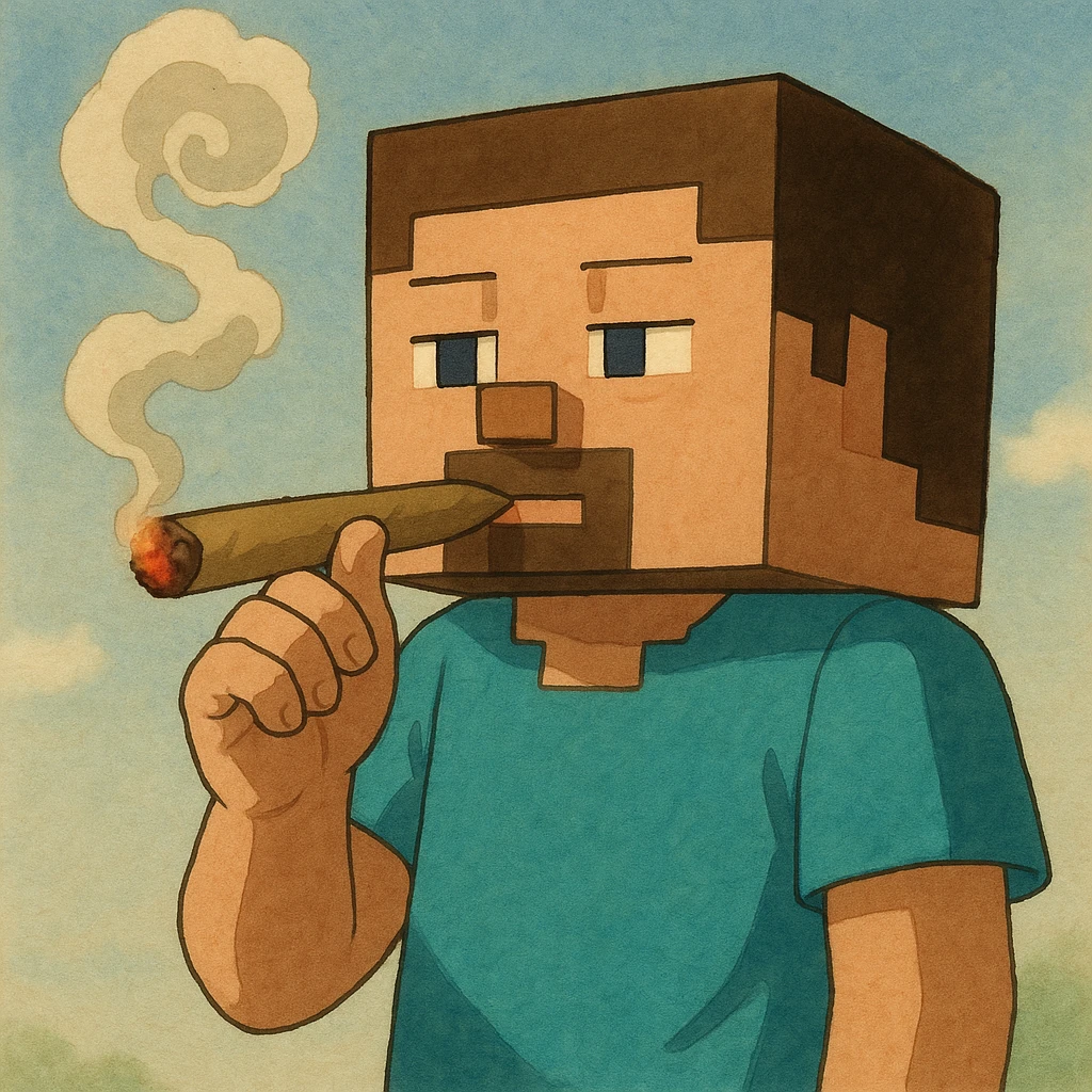 minecraft steve character holding and smoking a blunt, ghibli style, simple background emoji