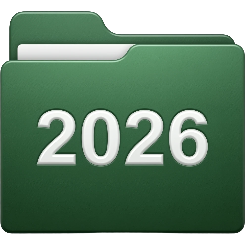 2026: Dark forest green folder inset with white "2026" text. emoji