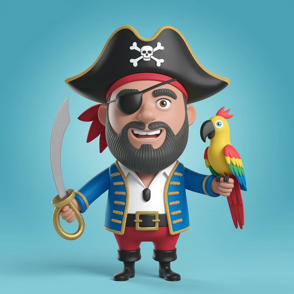 3d illustration of a pirate with eye patch and parrot emoji