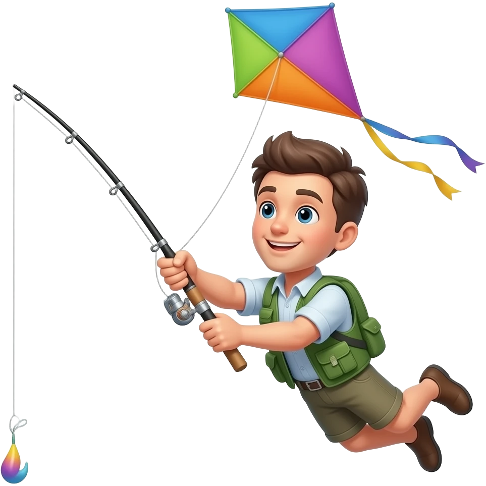 a guy flying a kite with a fishing rod emoji