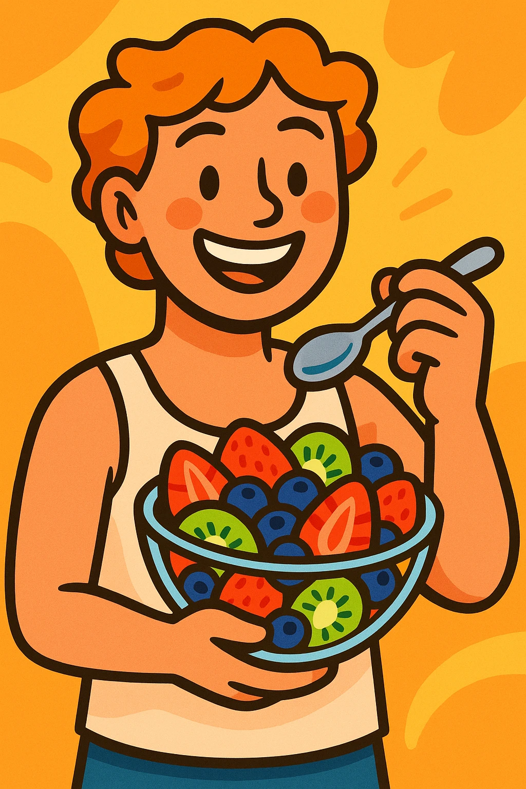 A cheerful person holding a glass bowl of colorful fruit salad with vibrant pieces of strawberries, kiwis, and blueberries visible. The person is wearing a casual, light-colored tank top and has a friendly, bright smile as they prepare to take a bite with a spoon. emoji