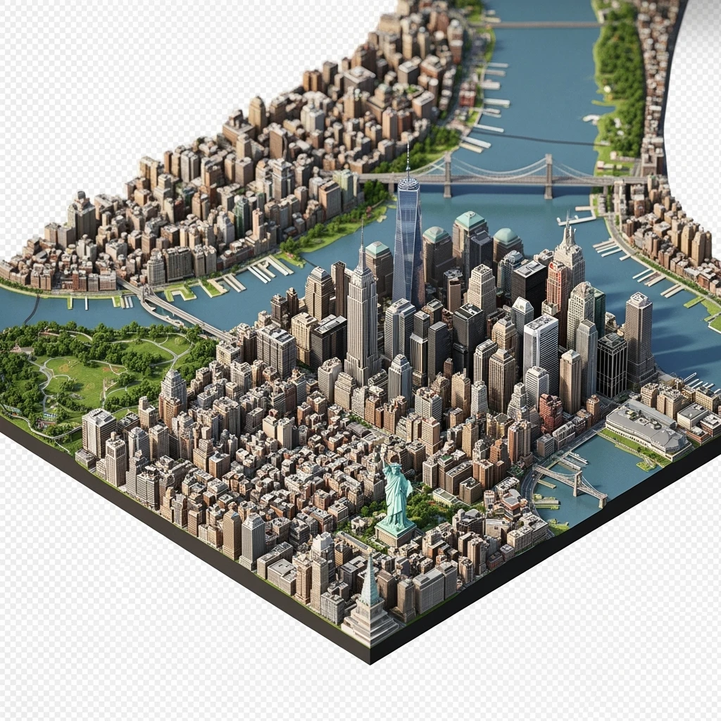 Isometric miniature of New York Сity Empire State Building, One World Trade Center, Statue of Liberty, Brooklyn Bridge, and Central Park chaotic low-rise blocks in outer boroughs 3D miniature effect and Tilt Shift effect, no cartoonish look, transparent background. emoji